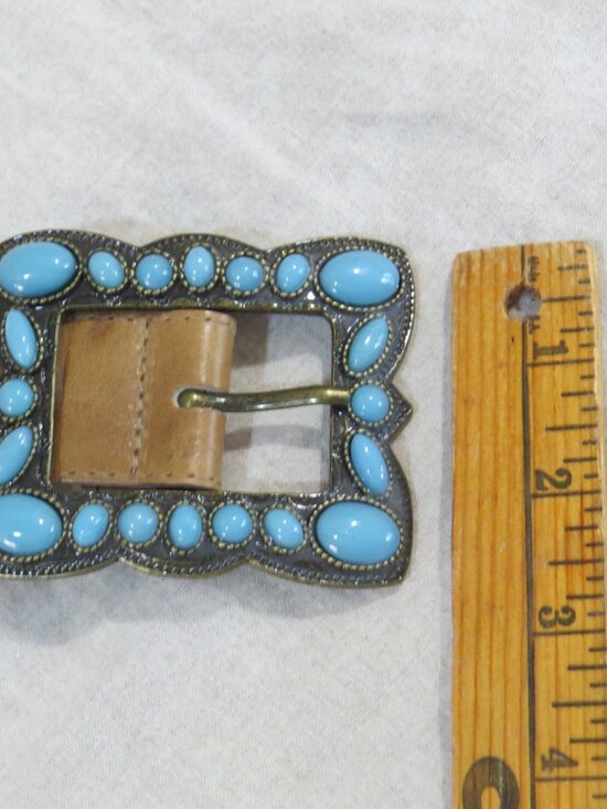 Landes Leather Belt with Faux Turquoise Buckle SIZE XL Tan Brown, Made in Canada main image 4